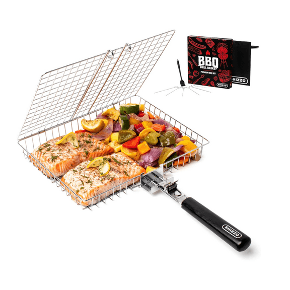 Shizzo Grill Basket, Barbecue BBQ Grilling Basket , Stainless Steel Large Folding Grilling basket With Handle, Portable Outdoor Camping BBQ Rack for Fish, Shrimp, Vegetables