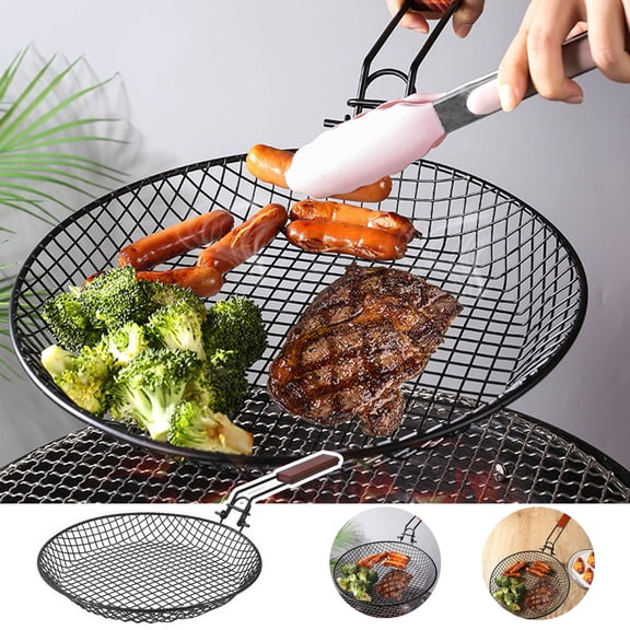 Stainless Steel Folding Grill Basket, Rvkxad Round BBQ Net Barbecue Basin with Wooden Handle, High Temperature Rust Resistant Easy Clean Outdoor Grilled Vegetable Basket for Camping Picnic