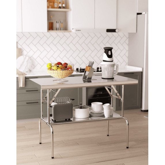 Stainless Steel Folding Table 48 x 24 Inch with Undershelf, Commercial Kitchen Worktable Workstation