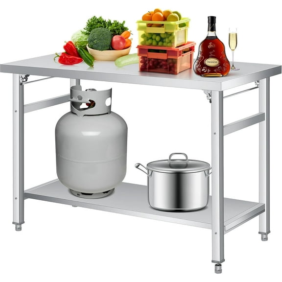 Stainless Steel Folding Table (48x24 in) - Commercial Work Table with Undershelf for Home, Kitchen, Restaurant, Garage, Camping, Outdoor, 920 LBS Load, Foldable Double-Tier Stainless Steel