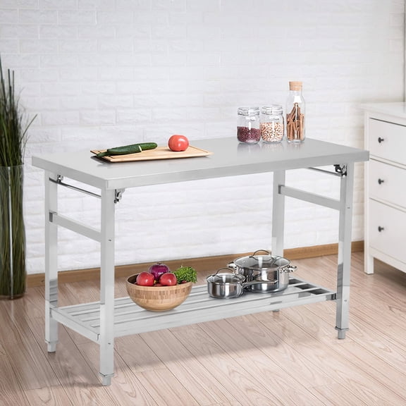 Tzou 48" x 24" NSF Commercial Stainless Steel Folding Table - Heavy Duty Prep Workstation w/ Undershelf & Adjustable Feet for Restaurants, Home, Hotel