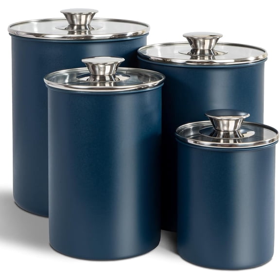 Stainless Steel Food Canister Set of 4-Piece, 16/49/85/132 Ounces,Airtight Containers with Glass Lid for Tea,Coffee,Sugar,Flour,Pantry Kitchen Storage Storeroom Counter (Blue)