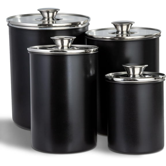 Stainless Steel Food Canister Set of 4-Piece, 16/49/85/132 Ounces,Airtight Containers with Glass Lid for Tea,Coffee,Sugar,Flour,Pantry Kitchen Storage Storeroom Counter (Black)
