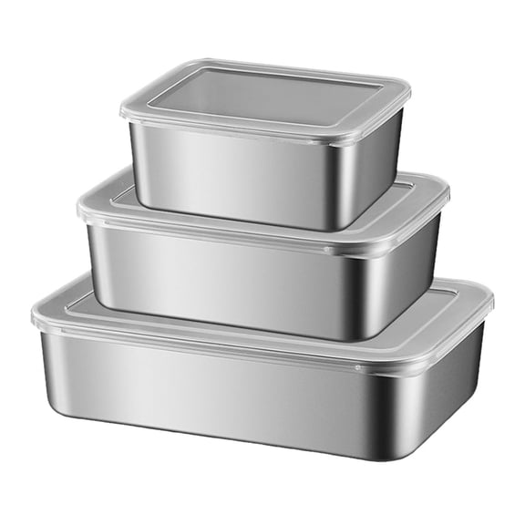 Stainless Steel Food Container Set, 3 Sizes, Square, with Transparent Lids, for Camping, Fridge Storage, BPA-Free, Silver