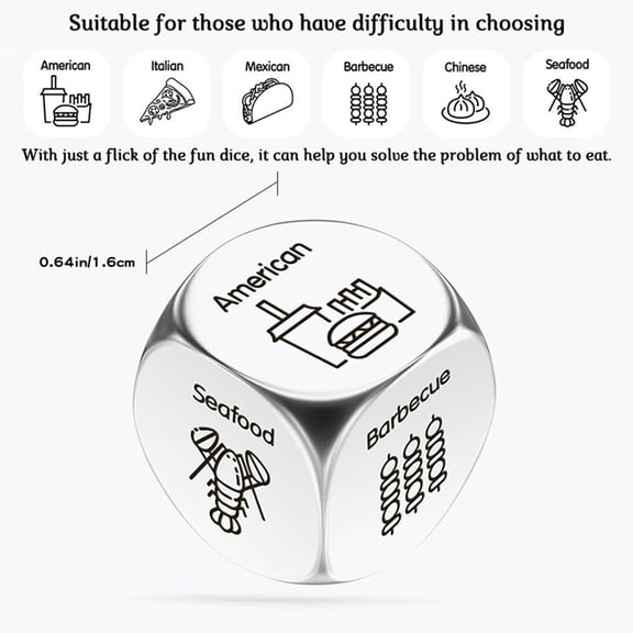 Stainless Steel Food Decision Dice, Engaging / Interactive Food Choice Dice For Couples/Gifts, 6 Food Options For Date Night/Anniversary/Birthday