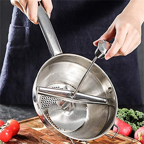 Stainless Steel Food Mill, Manual Potato Masher and Ricer for Making Puree, Soups, or Baby Food, Heavy-Duty Vegetable Press with Non-Slip Handles, 19.5cm