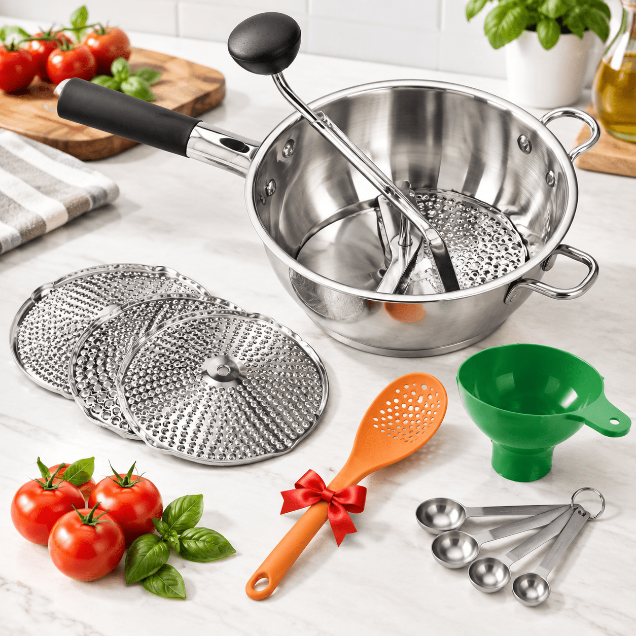 Stainless Steel Food Mill with Silicone Grip Handle, 3 Milling Discs ...