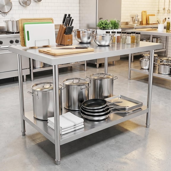 Stainless Steel Food Processing Table with Gasket Screw Bolt Stable Frame Adjustable Height 600 lbs Top Shelf 400 lbs Bottom Shelf Suitable for Restaurant Hotel Home
