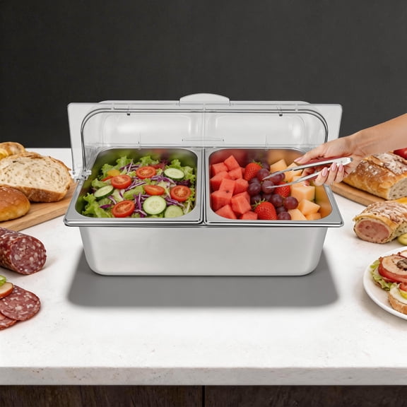 Stainless Steel Food Serving Display Container with 2 Compartments, Condiment Dispenser Display Rack with Lid