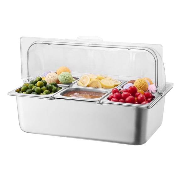 Stainless Steel Food Serving Tray with Lids - 6 Pan Buffet Server, Condiment Dispenser with Freezer Packs - Hotel, Restaurant, Party Food Display