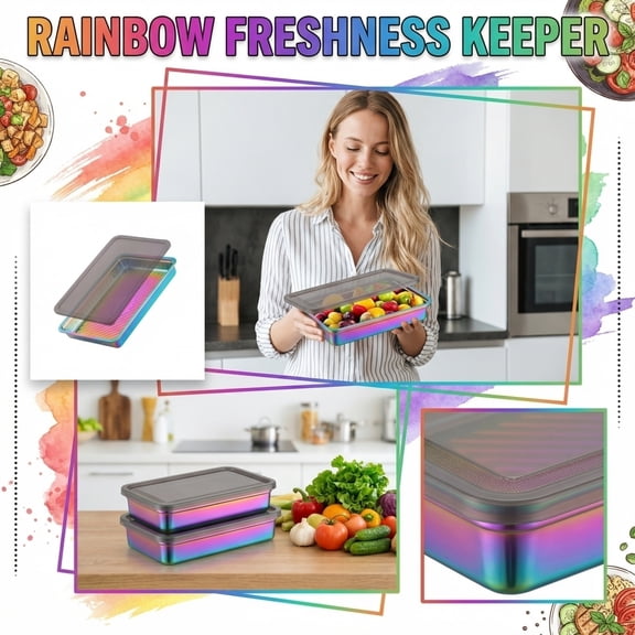 Stainless Steel Food Storage Box with Lid, 12.99x9.06 Inch Fresh-Keeping Container for Meal Prep, Leftovers, Rainbow Finish