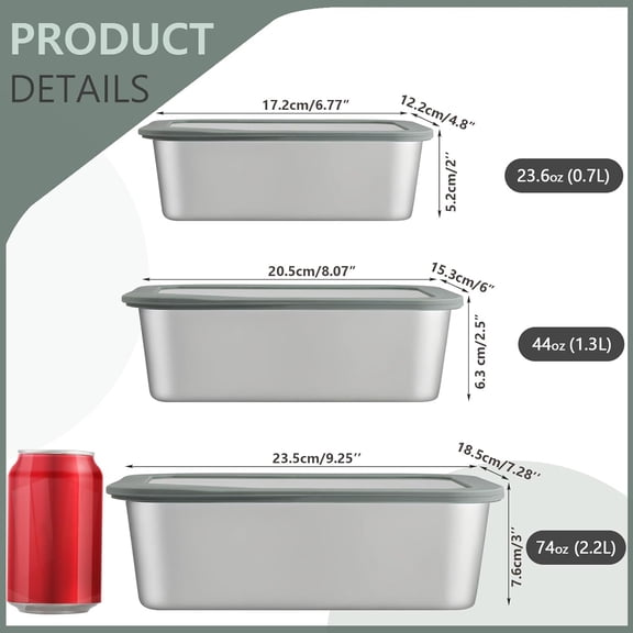 Stainless Steel Food Storage Container with Glass Lids, 3 Pack Nested Lunch Boxes, Airtight Lid Food Container for Sandwiches, Snacks, Meal Prep and Kitchen Storage