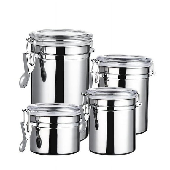 Hot6sl stainless steel food storage container set, 4-piece airtight seal canisters for coffee, tea, flour, sugar, with locking lids and mirror polish finish
