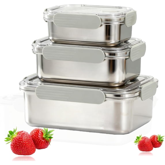 Stainless Steel Food Storage Containers, Airtight with Vacuum Seal, Set of 3 (22/44/82 oz), Stackable,Dishwasher&Freezer Safe for Meal Prep, Deli Meat, Cheese, Snack, Fruit