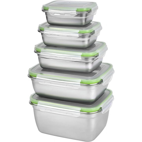 Stainless Steel Food Storage Containers | Leak Proof & Airtight Lids | Set of 5 Containers, Dishwasher & Freezer Safe, Green
