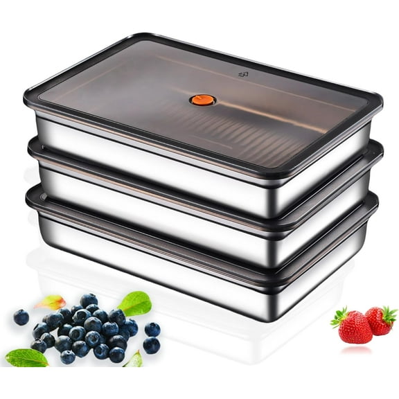 Stainless Steel Food Storage Containers, Silver, Airtight with Vacuum Seal, Stackable Rectangular, 3-Piece Set, BPA-Free Lids, for Meal Prep and Leftovers Storage(Shallow- 1.9'' Height)