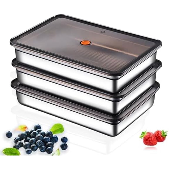 Stainless Steel Food Storage Containers, Silver, Airtight with Vacuum Seal, Stackable Rectangular, 3-Piece Set, BPA-Free Lids, for Meal Prep and Leftovers Storage(Shallow- 1.9'' Height)