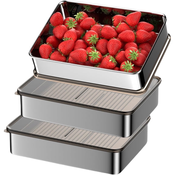 Stainless Steel Food Storage Containers, Silver, Airtight with Vacuum Seal, Stackable Rectangular, 3-Piece Set, BPA-Free Lids, for Meal Prep and Leftovers Storage (deep - 3.3'' Height)