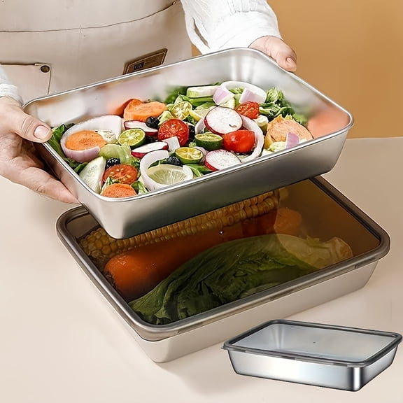 Stainless Steel Food Storage Containers With Secure Black Lids For Fresh Kitchen Organization And Prime Meal Prep Solutions, 25.5X20X5.5cm, Silver