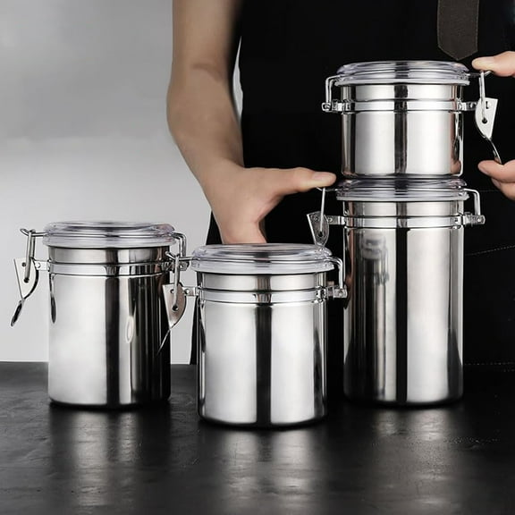 Stainless Steel Food Storage Jar with Locking Lid for Coffee Beans, Tea, and Milk Powder - 4-Piece Set with 1-3L Capacity