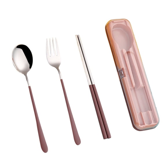 Stainless Steel Fork Spoon Chopsticks with a Durable Case for Home Outdoor Camping Traveling Hiking (Brown)