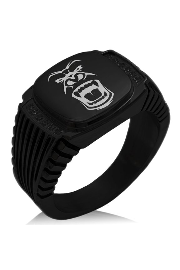 Stainless Steel Formidable Kong Gorilla CZ Ribbed Needle Stripe Pattern Biker Style Polished Ring