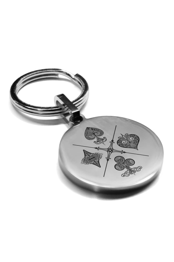 Stainless Steel Four Card Suits Round Medallion Keychain Circle Ring