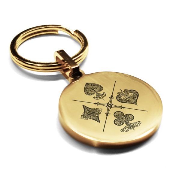 Stainless Steel Four Card Suits Round Medallion Keychain Circle Ring