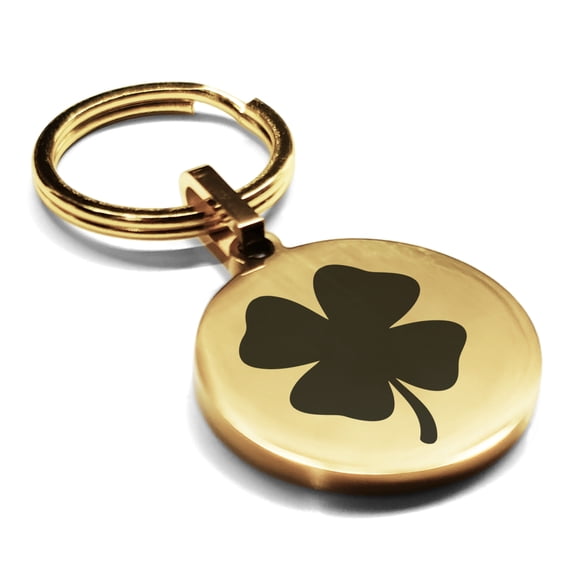 Stainless Steel Four Leaf Clover Good Luck Charm Round Medallion Keychain Circle Ring
