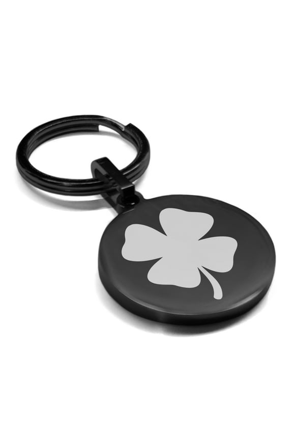 Stainless Steel Four Leaf Clover Good Luck Charm Round Medallion Keychain Circle Ring