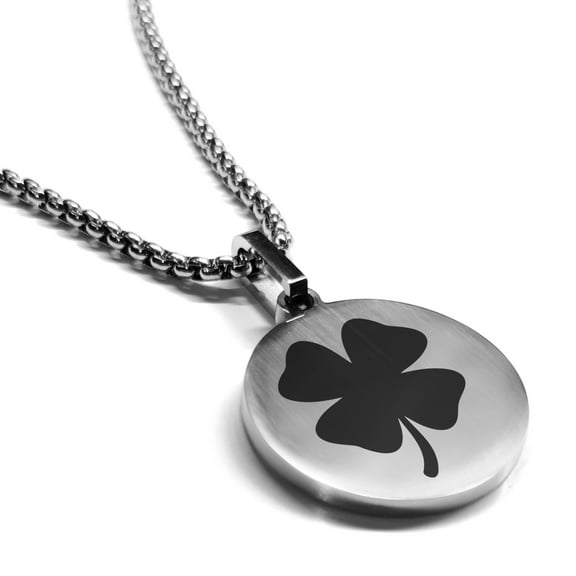 Stainless Steel Four Leaf Clover Good Luck Charm Round Medallion Pendant Necklace