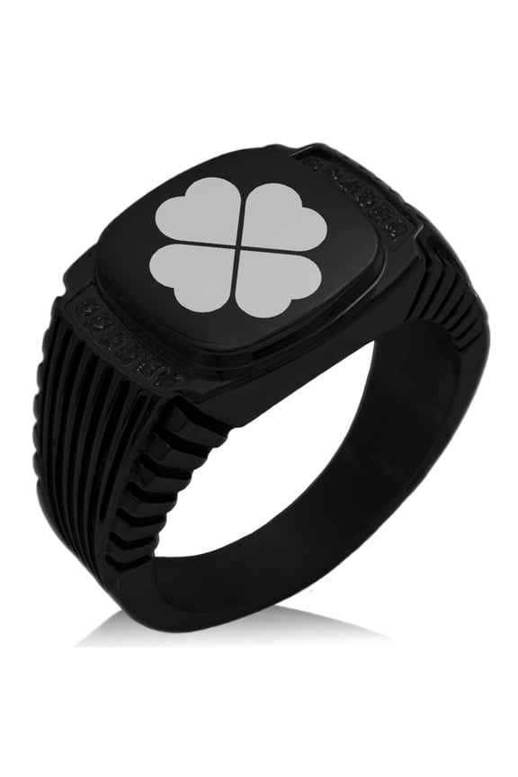 Stainless Steel Four Leaf Clover Heart CZ Ribbed Needle Stripe Pattern Biker Style Polished Ring