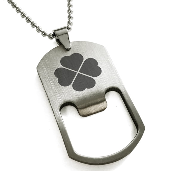 Tioneer Stainless Steel Four Leaf Clover Heart Engraved Bottle Opener Dog Tag Pendant Necklace