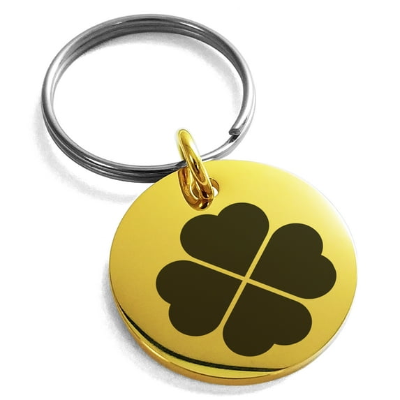 Stainless Steel Four Leaf Clover Heart Engraved Small Medallion Circle Charm Keychain Keyring