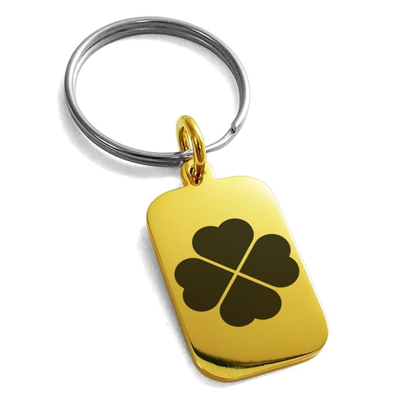 Stainless Steel Four Leaf Clover Heart Engraved Small Rectangle Dog Tag Charm Keychain Keyring