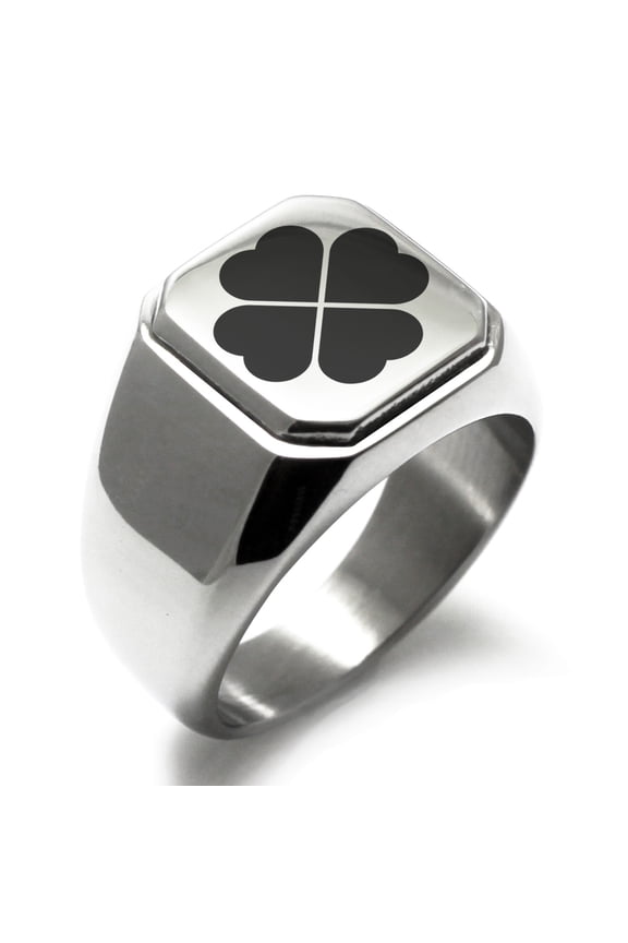 Stainless Steel Four Leaf Clover Heart Engraved Square Flat Top Biker Style Polished Ring
