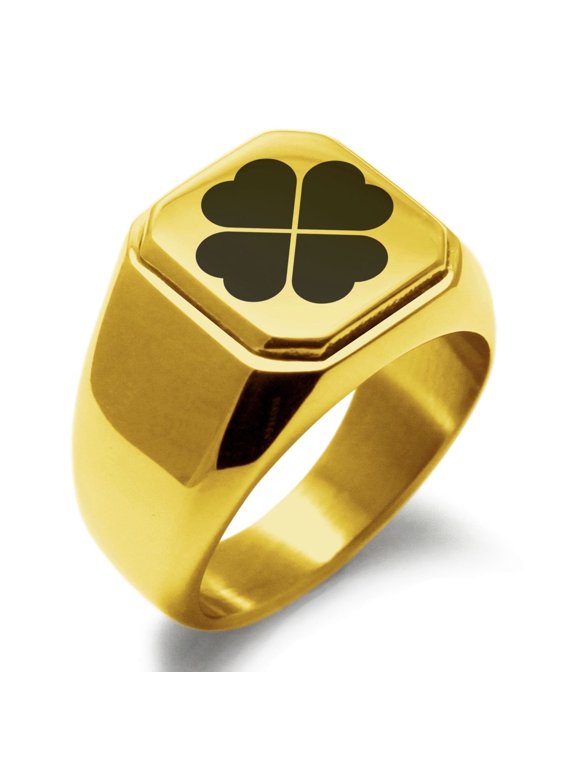 Stainless Steel Four Leaf Clover Heart Engraved Square Flat Top CZ Biker Male Style Polished Adult Ring