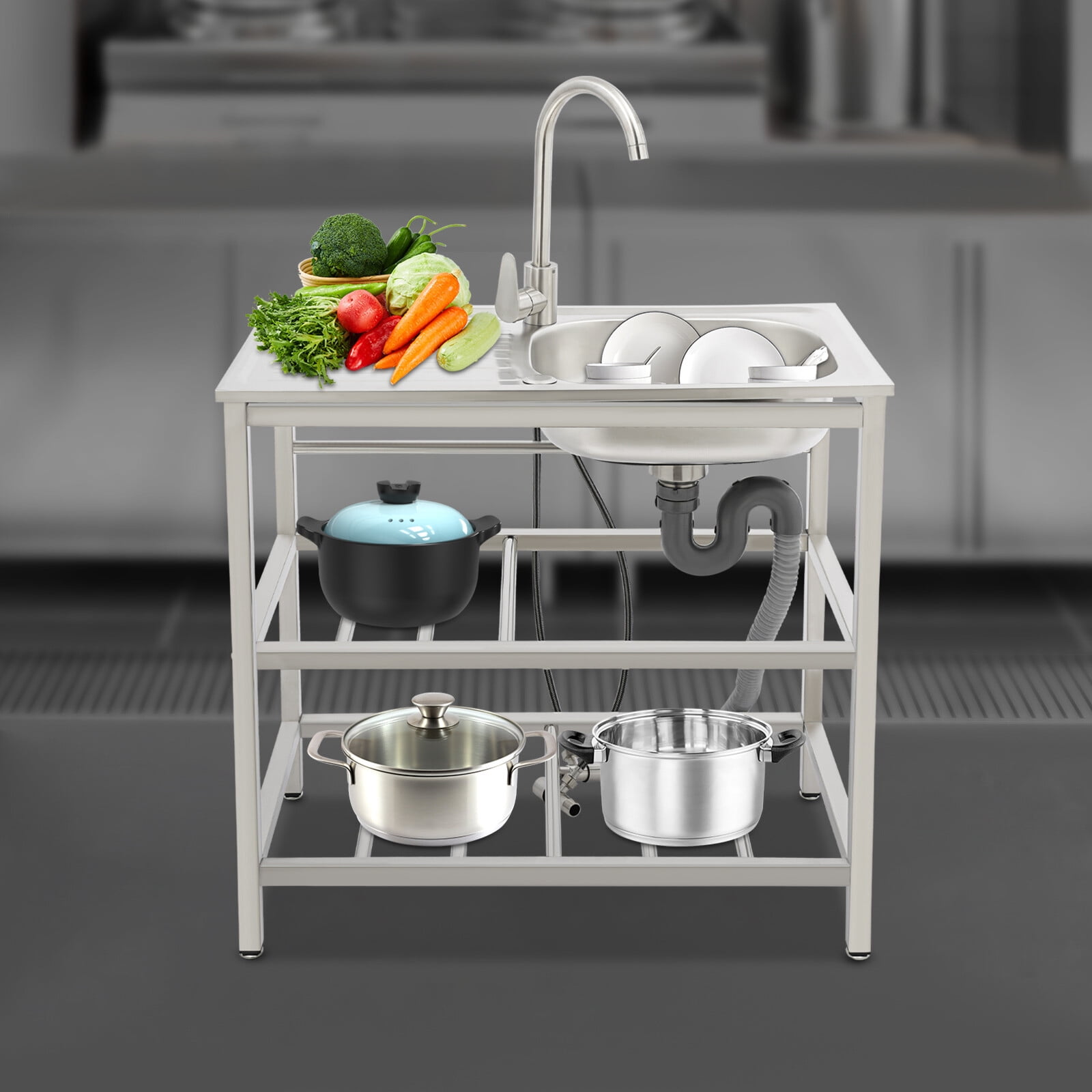 Stainless Steel Free Standing Single Bowl Kitchen Sink with Workbench & Storage Shelves, Commercial Restaurant Utility Sink for Laundry Room, Backyard, Garages