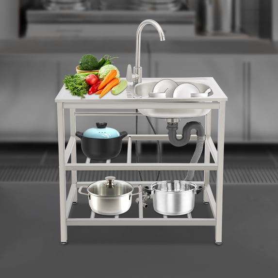 Stainless Steel Free Standing Single Bowl Kitchen Sink with Workbench & Storage Shelves, Commercial Restaurant Utility Sink for Laundry Room, Backyard, Garages