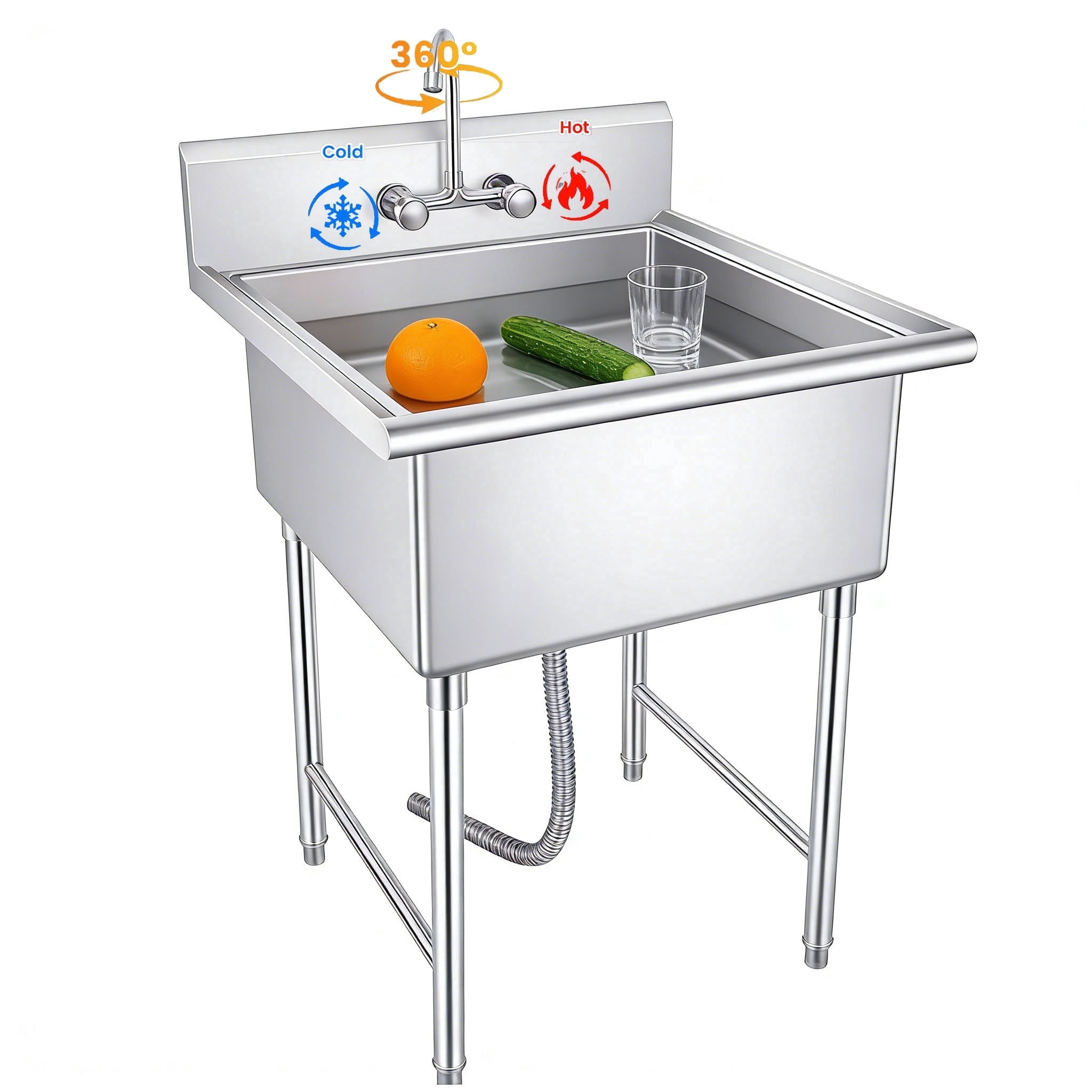Stainless Steel Free Standing Sink, Heavy Duty Stainless Steel Laundry Tub Sink with Cold and Hot Water Pipe and Faucet, Indoor and Outdoor Sink for Apartment Laundry