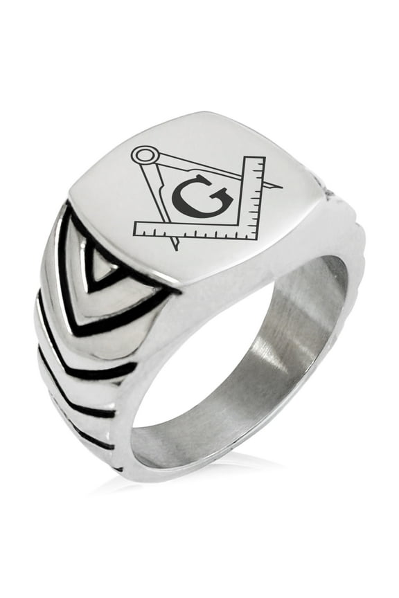 Stainless Steel Freemasons Masonic Compass Chevron Pattern Biker Style Polished Ring