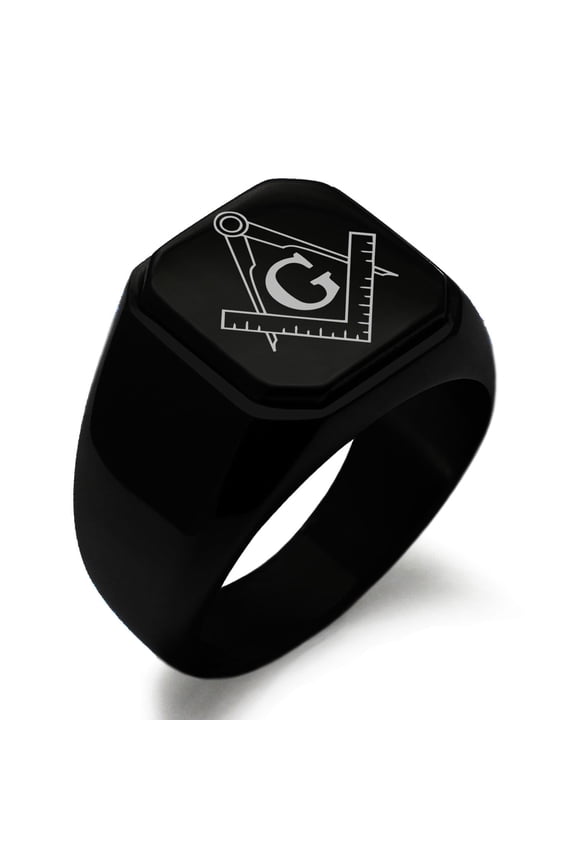 Stainless Steel Freemasons Masonic Compass Engraved Square Flat Top Biker Style Polished Signet Ring