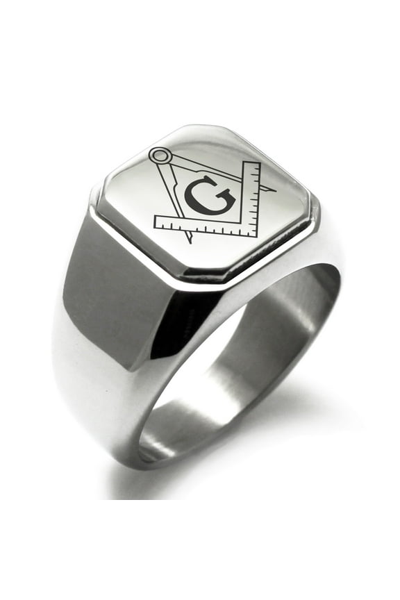 Stainless Steel Freemasons Masonic Compass Engraved Square Flat Top Biker Style Polished Signet Ring