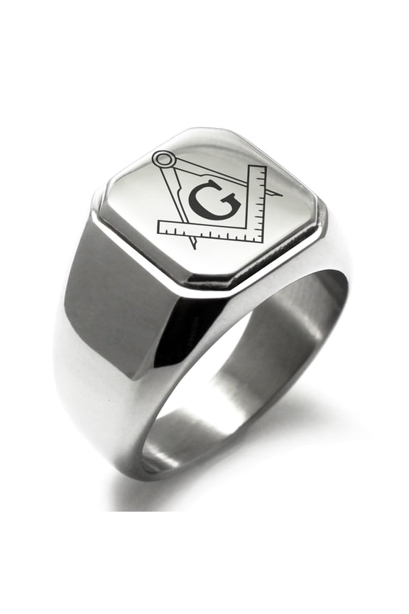 Stainless Steel Freemasons Masonic Compass Engraved Square Flat Top Biker Style Polished Signet Ring