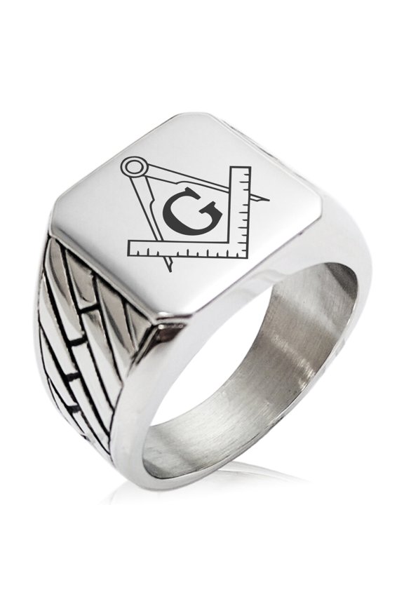 Stainless Steel Freemasons Masonic Compass Geometric Pattern Biker Style Polished Ring