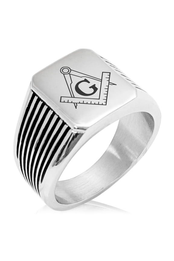 Stainless Steel Freemasons Masonic Compass Needle Stripe Pattern Biker Style Polished Ring