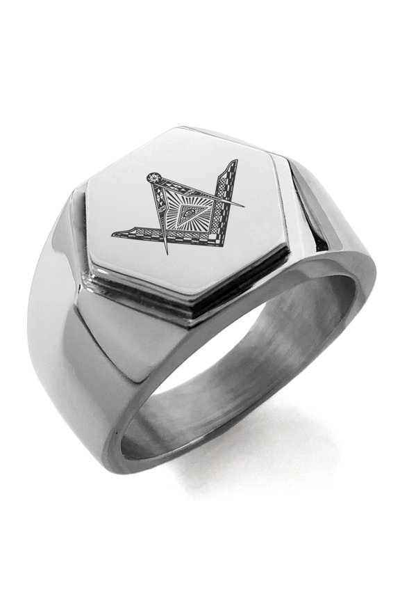 Stainless Steel Freemasons Masonic Eye of Providence Engraved Hexagon Crest Flat Top Biker Style Polished Ring