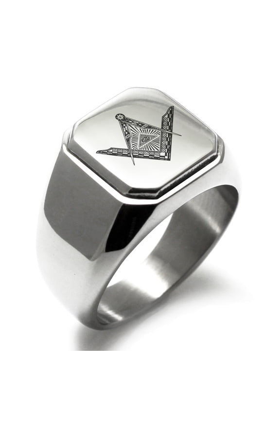 Stainless Steel Freemasons Masonic Eye of Providence Engraved Square Flat Top Biker Style Polished Signet Ring