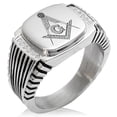 thumbnail image 1 of Stainless Steel Freemasons Masonic Floral Compass CZ Ribbed Needle Stripe Pattern Biker Style Polished Ring, 1 of 1
