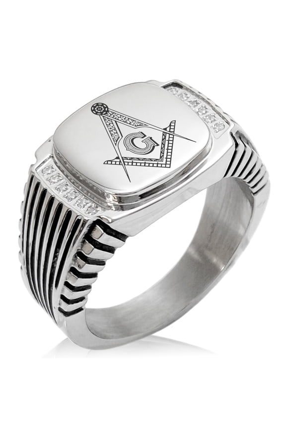 Stainless Steel Freemasons Masonic Floral Compass CZ Ribbed Needle Stripe Pattern Biker Style Polished Ring